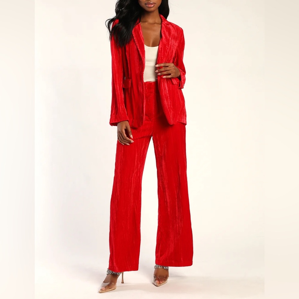 Red Crushed Velvet Blazer & Wide Leg Pants